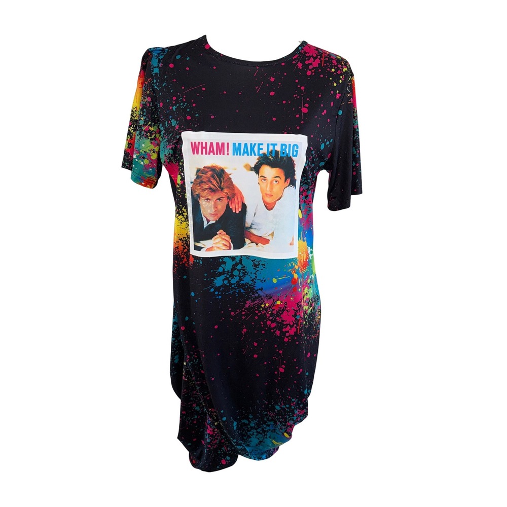 Upcycled 80's Pop Band Wham! Neon Paint Splatter Stretch Dress L/XL Ladies